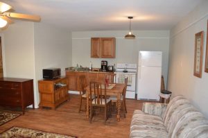 Lake Fork Farm | Kitchen. Fully equipped kitchen and dining area with large sleeper sofa in the living area